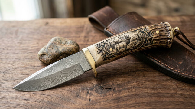 Exquisite handmade damascus steel hunting knife featuring intricate antler handle engraving of elk in mountain wilderness forest.