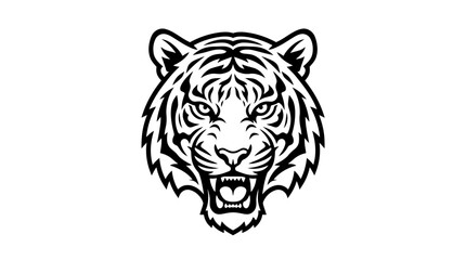 Fototapeta premium Black and white graphic illustration of a fierce tiger head with open mouth and visible fangs, roaring.