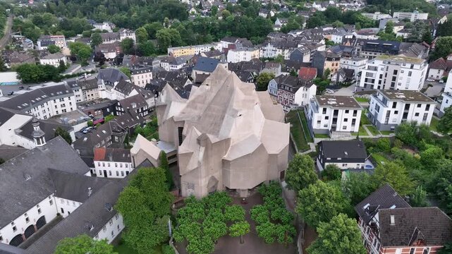 Nevigeser Wallfahrtsdom, Brutalist Neviges Pilgrimage Church Aerial View on Cloudy Day, North Rhine Westfalia, Germany.
