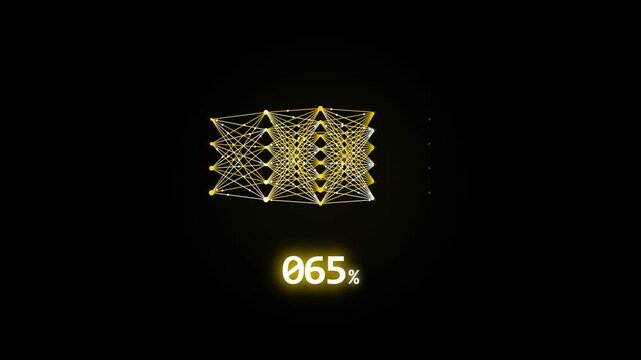A glowing golden neural network gradually assembles against a dark background, with a rising percentage counter tracking the progress of an AI model training or data processing task.