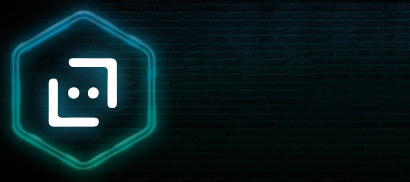 Minimalist Neon Frame and Dots Icon on Dark Hexagon Brick Wall Background
