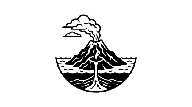 Black volcano eruption illustration in circular frame.