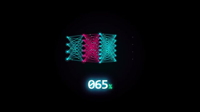 This futuristic video visualizes the progress of a neural network's deep learning process, with a glowing percentage counter increasing from 16% to 93% against a black background.