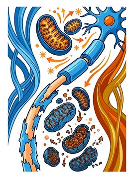Nerve cell anatomy showing demyelination and mitochondrial damage