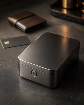 A sleek, modern metal safe box with a key lock sits on a dark marble surface next to a brown leather wallet and a credit card.