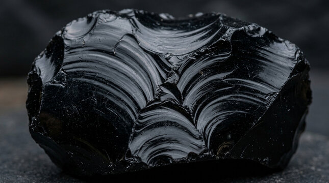 Raw black obsidian rock with glassy texture and conchoidal fractures
