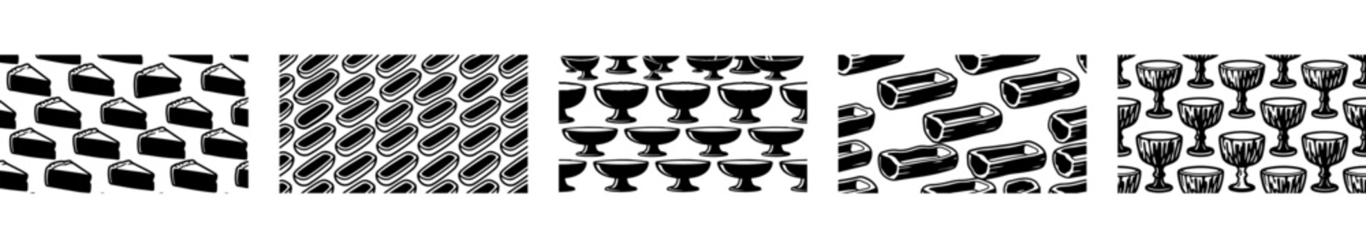 Black and white seamless patterns featuring vintage food and beverage designs including cake slices hot dogs bowls containers and ornate goblets for backgrounds
