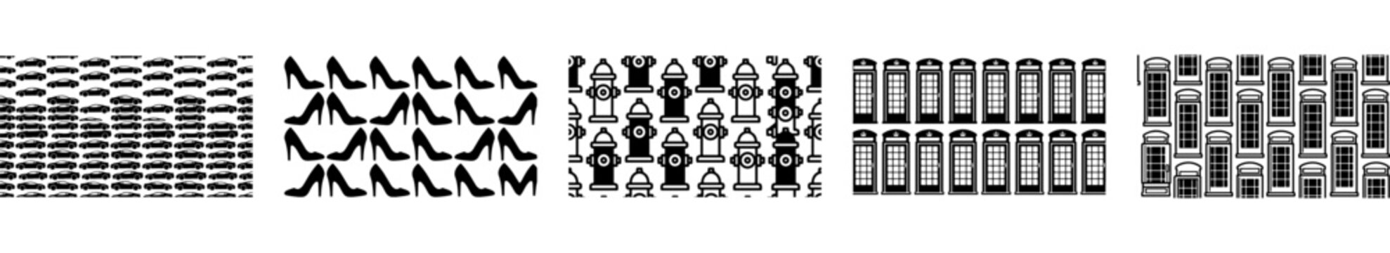 black and white urban design seamless patterns set featuring abstract shapes high heels fire hydrants and telephone booths for creative background use