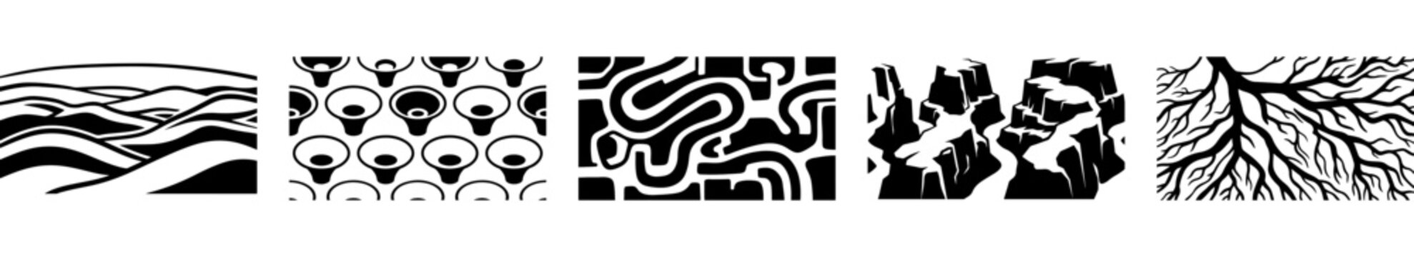 Set of black and white vector patterns featuring landscape hills organic forms winding paths rocky cliffs and branching tree roots in minimalist style