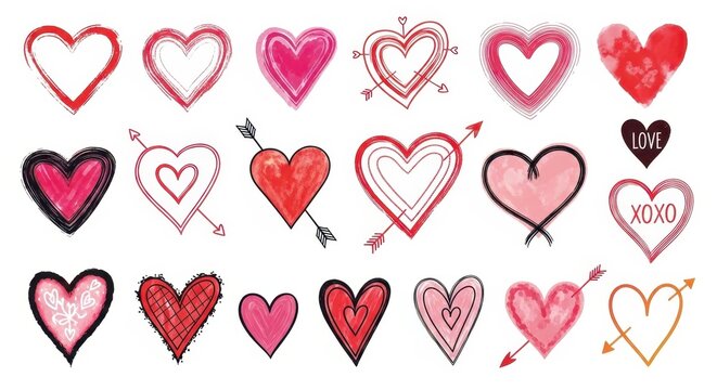Colorful Hand Drawn Heart Shapes and Love Symbols Collection.