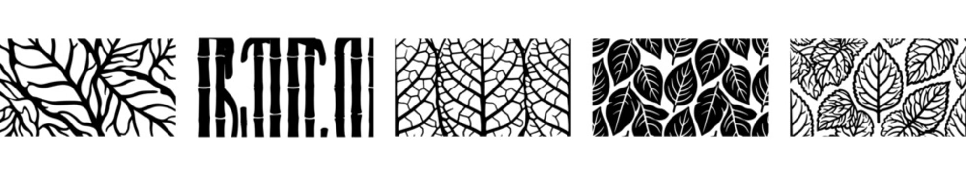 Black and white vector seamless patterns with leaves and botanical elements for design background and textile print