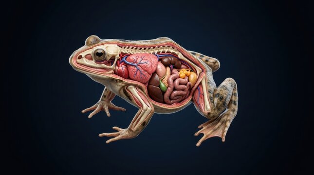Detailed biological illustration of frog anatomy with exposed internal organs and skeletal framework in a realistic view.