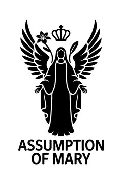 Black and white silhouette icon of the assumption of mary with wings and a crown for religious design projects and church decorations Vector