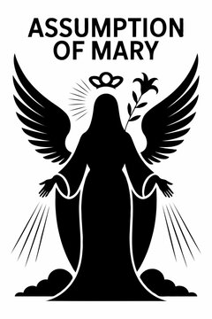 Assumption of mary black silhouette icon showing the virgin mary with angel wings and a lily flower symbol for catholic religious design and spiritual events Vector