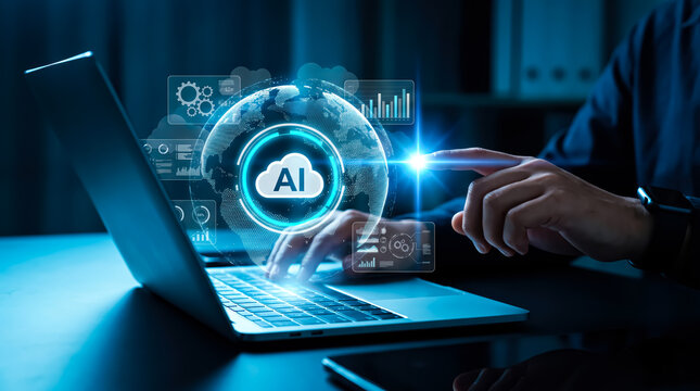 Person using laptop with digital ai cloud computing interface and global network data visualization in a dark office environment