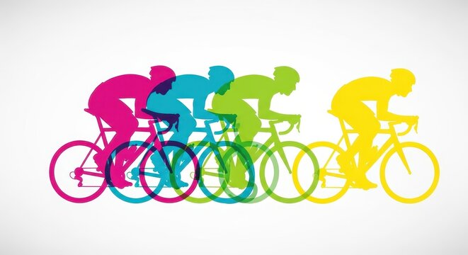 Colorful Silhouettes of Professional Cyclists Racing in a Peloton on White Background