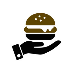 Fototapeta premium Graphic icon of a hand holding a burger for food service with restaurant