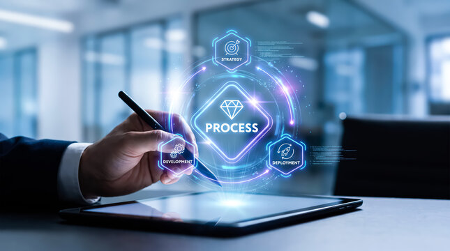 Business process management and digital transformation concept with a businessman using a digital tablet to interact with a holographic interface
