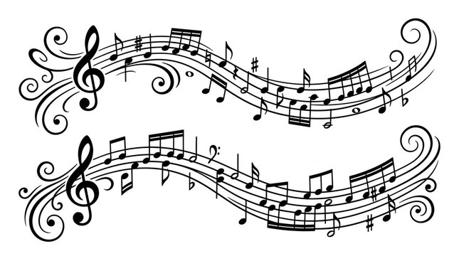 Elegant musical notes flowing decorative swirls transparent design vector illustration.