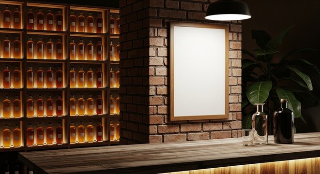 Mockup blank vertical poster frame on a dark brick wall in a cozy bar with liquor bottles on shelves and wooden bar counter