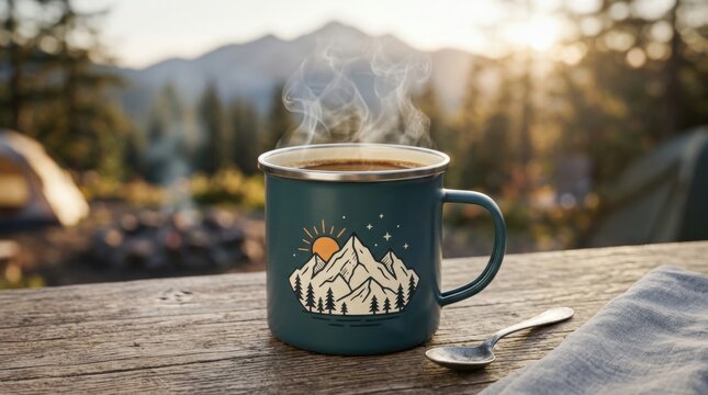 Steaming mug of coffee on rustic wooden table with forest campsite background during sunrise morning light.