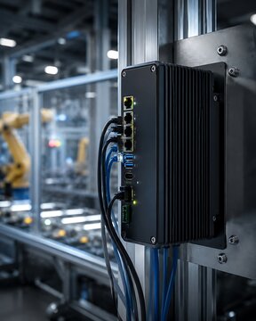 Industrial IoT gateway device mounted on a metal pole in a factory setting with robotic arms in the background.