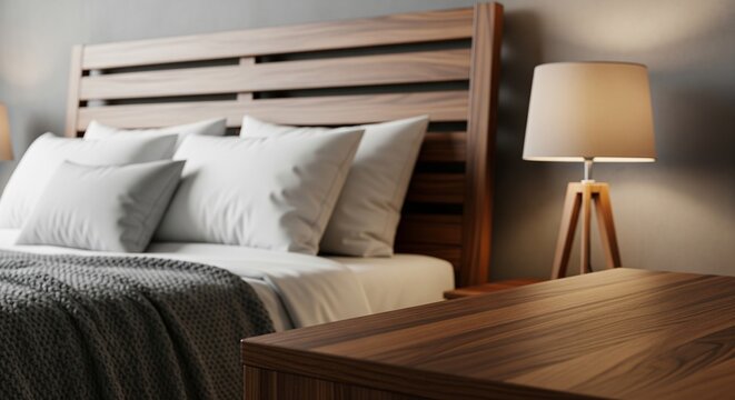 Modern bedroom interior with a stylish wooden headboard and a warm bedside table lamp in a cozy residential home setting