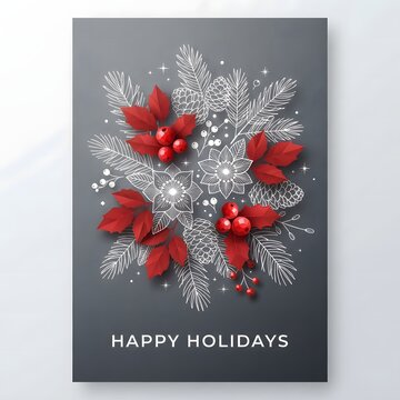 Holiday greeting card with red poinsettia berries and white snowflake floral design for festive season