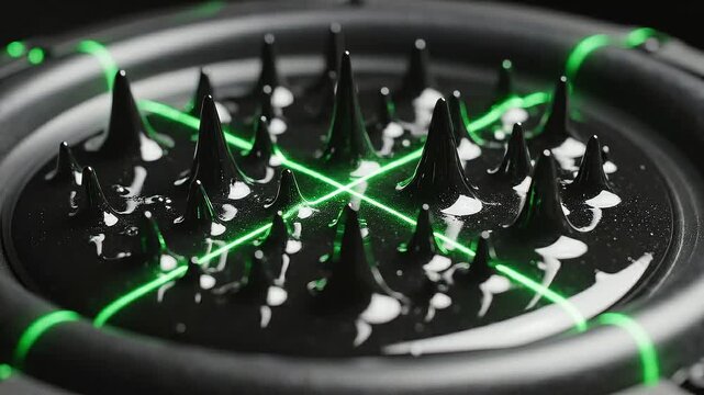 Ferrofluid reacting to sound vibrations on a speaker with green neon lines