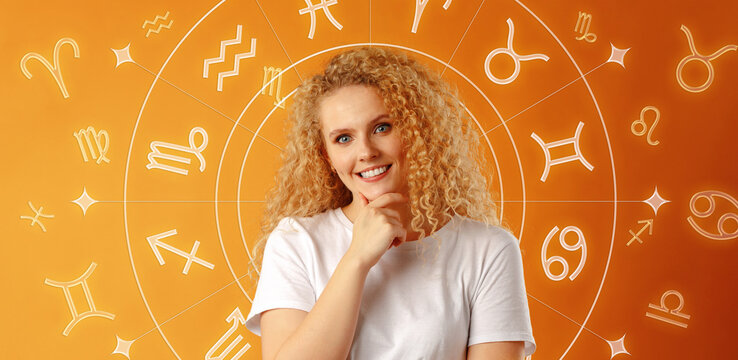 Astrology zodiac signs displayed with a person smiling on a bright background