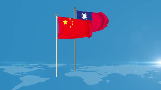 China and Taiwan national flag wave animation on world map 4K. concept Geopolitics and Diplomacy, Economy and Financial Support.