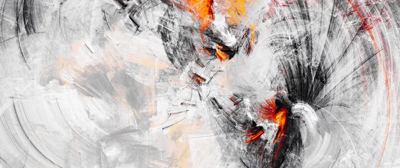 Minimalist abstract background with dynamic black ink strokes and bright paint splashes. Modern artistic texture with dramatic chaotic charcoal lines and vibrant orange accents on white. Fractal art © Alena
