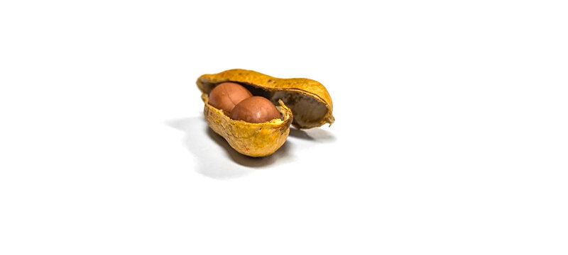 A peanut with its shell partially removed. revealing two brown seeds inside.