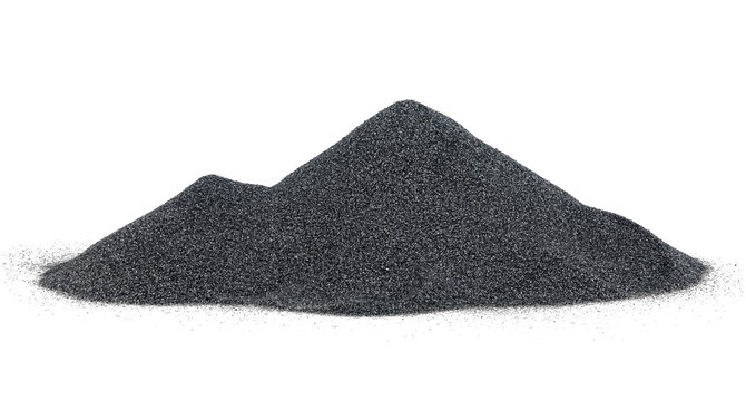Pile of black quartz sand isolated on a white background. Crushed quartz is used in construction materials, water treatment and agriculture.