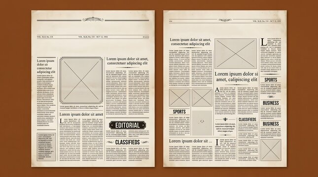 Vintage broadsheet newspaper layout with editorial columns, classified ads, and retro typography design