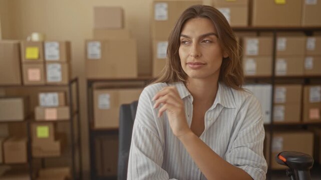 Woman sitting at desk smiles and touches shoulder amid stacked cardboard boxes in small business building; contentment entrepreneurship growth.