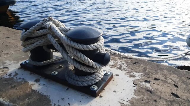 A rope tied to a bollard. A moored vessel secured with a rope. A sea pier.