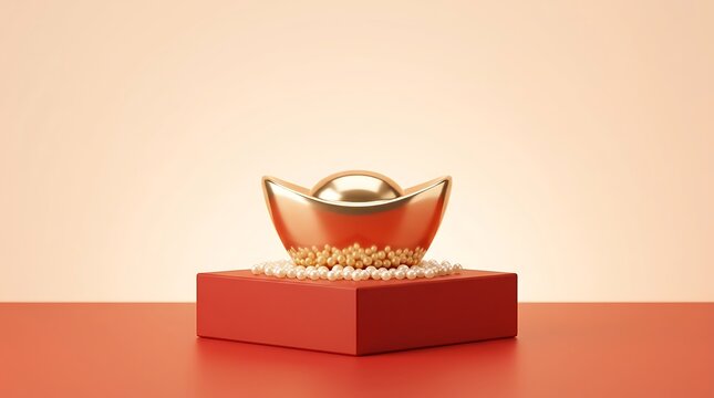 Golden chinese sycee ingot on red podium with pearls for lunar new year luxury background.