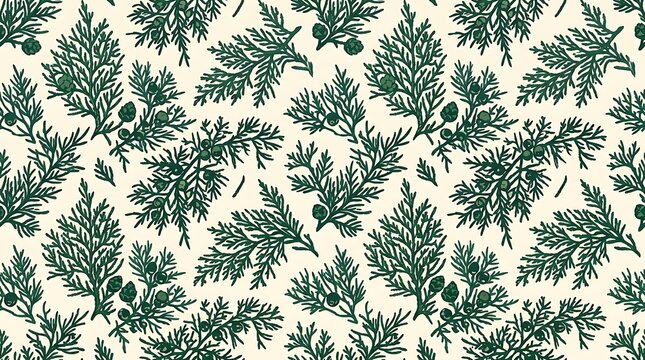 Seamless pattern of green evergreen branches with berries on cream