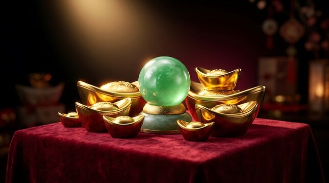 Jade crystal ball surrounded by golden sycee ingots on red velvet table for asian fortune.