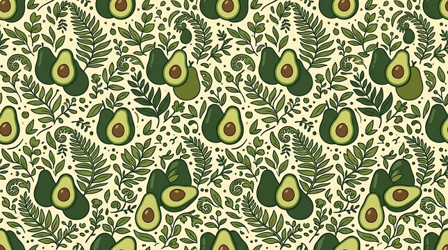 Seamless pattern of fresh avocados and green leaves on cream background