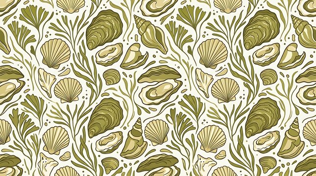 Hand drawn vintage seashell and oyster seamless pattern with seaweed