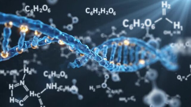 Abstract dna helix structure with chemical formulas and atp molecules