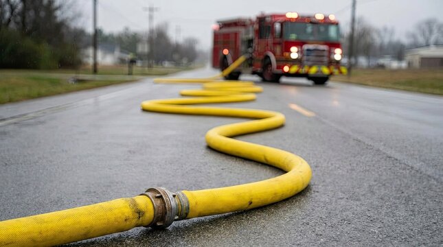 A bright yellow fire hose snakes across a wet asphalt road leading to a red fire truck parked ahead