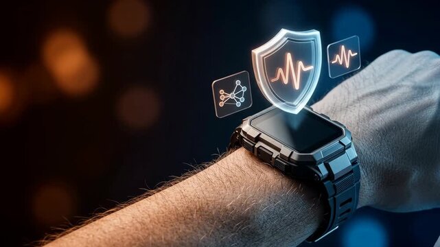 Close-up photo of an anonymous man using futuristic wearable health device to monitor his immune system data featuring glowing shield and heartbeat hologram