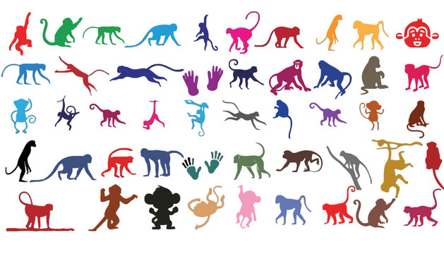 Collection of various monkey silhouettes in different colors