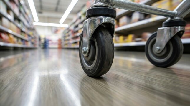 A shopping cart rolls forward across a polished floor in a supermarket. The camera focuses on the wheels and frame of the cart, with shelves of products blurred in the background.