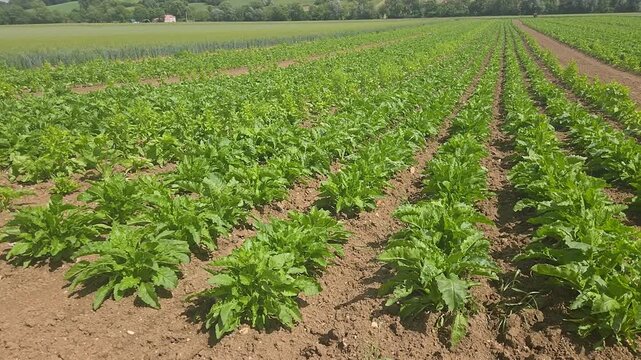 Champ de betteraves en croissance dans un paysage agricole rural