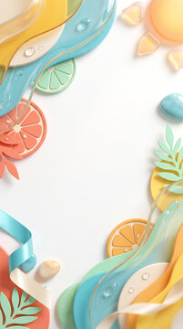 3D Abstract Summer Background Frame with Pastel Wavy Shapes, Citrus Slices, Tropical Leaves, and Copy Space