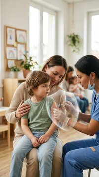 Childhood immunization defense: nurse administer, medical vaccination, protective shield, brave boy, mother support, health safety, clinic room, doctor syringe.